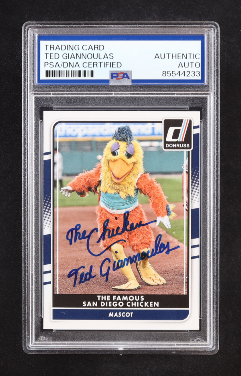 Ted Giannoulas Signed 2016 Donruss #151 Inscribed "The Chicken" (PSA) at PristineAuction.com Ted Giannoulas Signed 2016 Donruss #151 Inscribed "The Chicken" (PSA) at PristineAuction.com