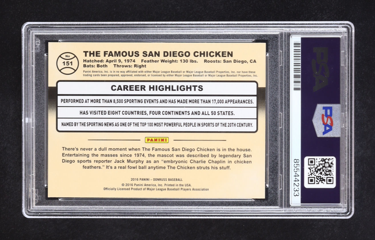 Ted Giannoulas Signed 2016 Donruss #151 Inscribed "The Chicken" (PSA) at PristineAuction.com Ted Giannoulas Signed 2016 Donruss #151 Inscribed "The Chicken" (PSA) at PristineAuction.com