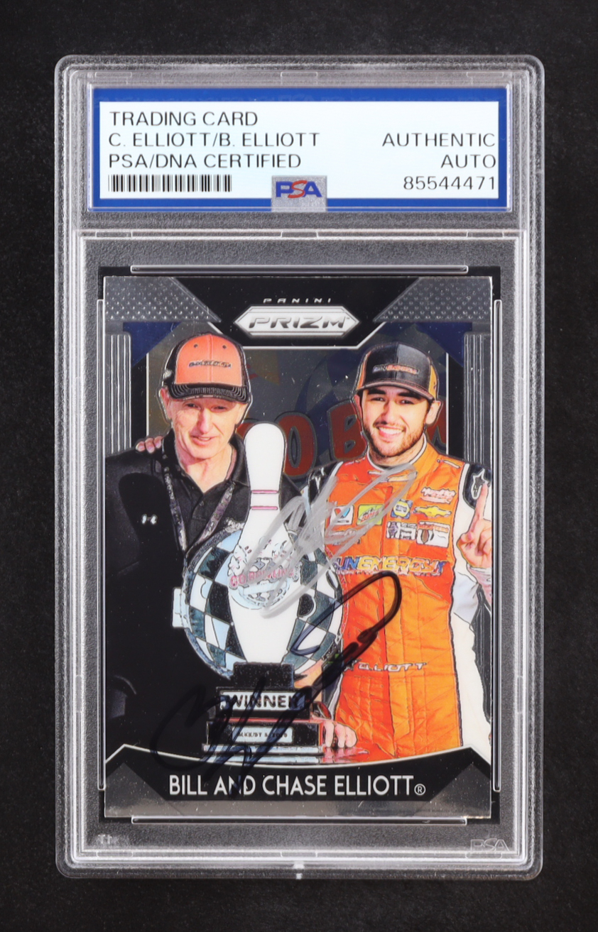 Bill Elliott & Chase Elliott Signed 2019 Panini Prizm #7B VAR (PSA) at PristineAuction.com Bill Elliott & Chase Elliott Signed 2019 Panini Prizm #7B VAR (PSA) at PristineAuction.com