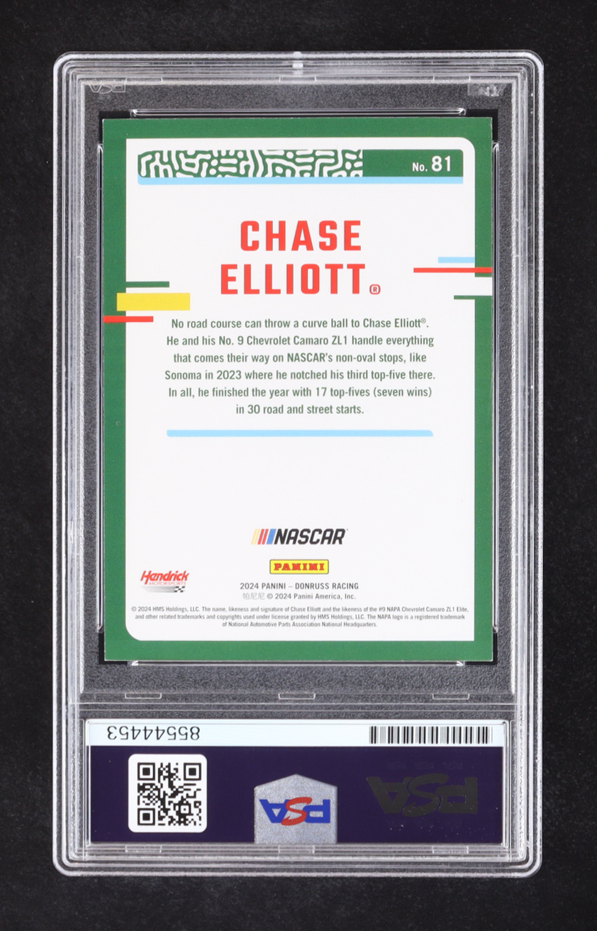 Chase Elliott Signed 2024 Donruss Blue CAR #81 #185/199 (PSA) at PristineAuction.com Chase Elliott Signed 2024 Donruss Blue CAR #81 #185/199 (PSA) at PristineAuction.com