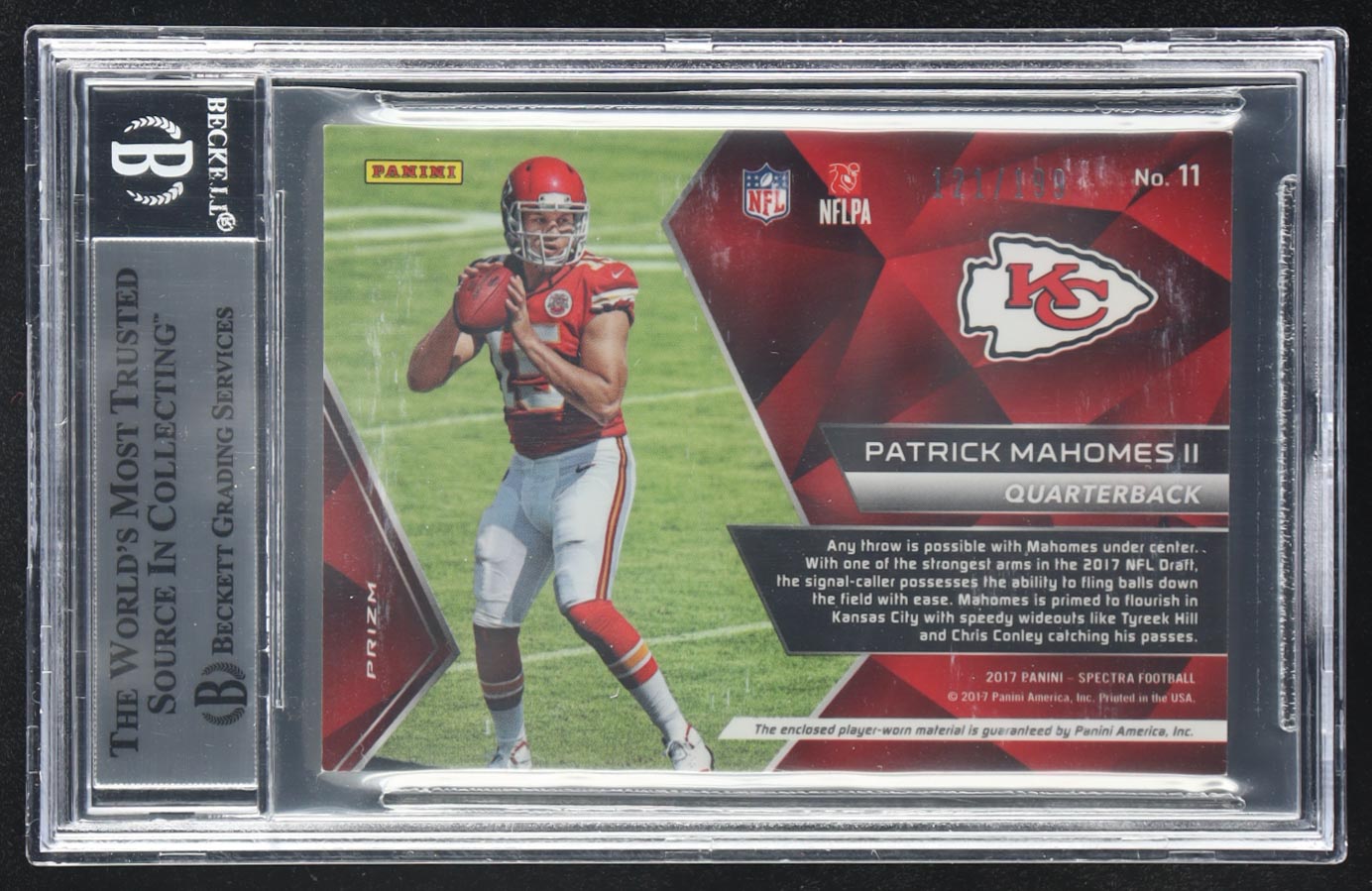 Patrick Mahomes II 2017 Panini Spectra Immense Materials #11 #121/199 RC (BGS 9) at PristineAuction.com Patrick Mahomes II 2017 Panini Spectra Immense Materials #11 #121/199 RC (BGS 9) at PristineAuction.com