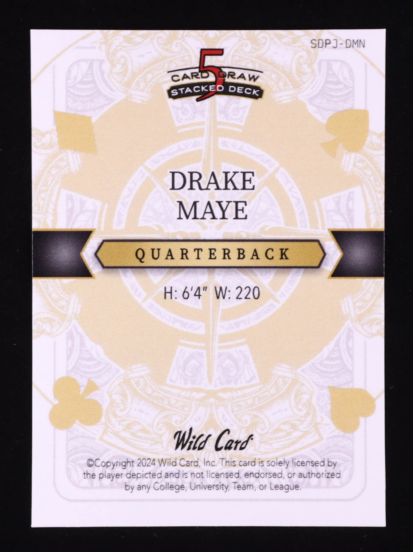 Drake Maye 2024 Wild Card 5 Card Draw Stacked Deck Joker White Mosaic #SDPJ-DMN #1/1 RC at PristineAuction.com Drake Maye 2024 Wild Card 5 Card Draw Stacked Deck Joker White Mosaic #SDPJ-DMN #1/1 RC at PristineAuction.com