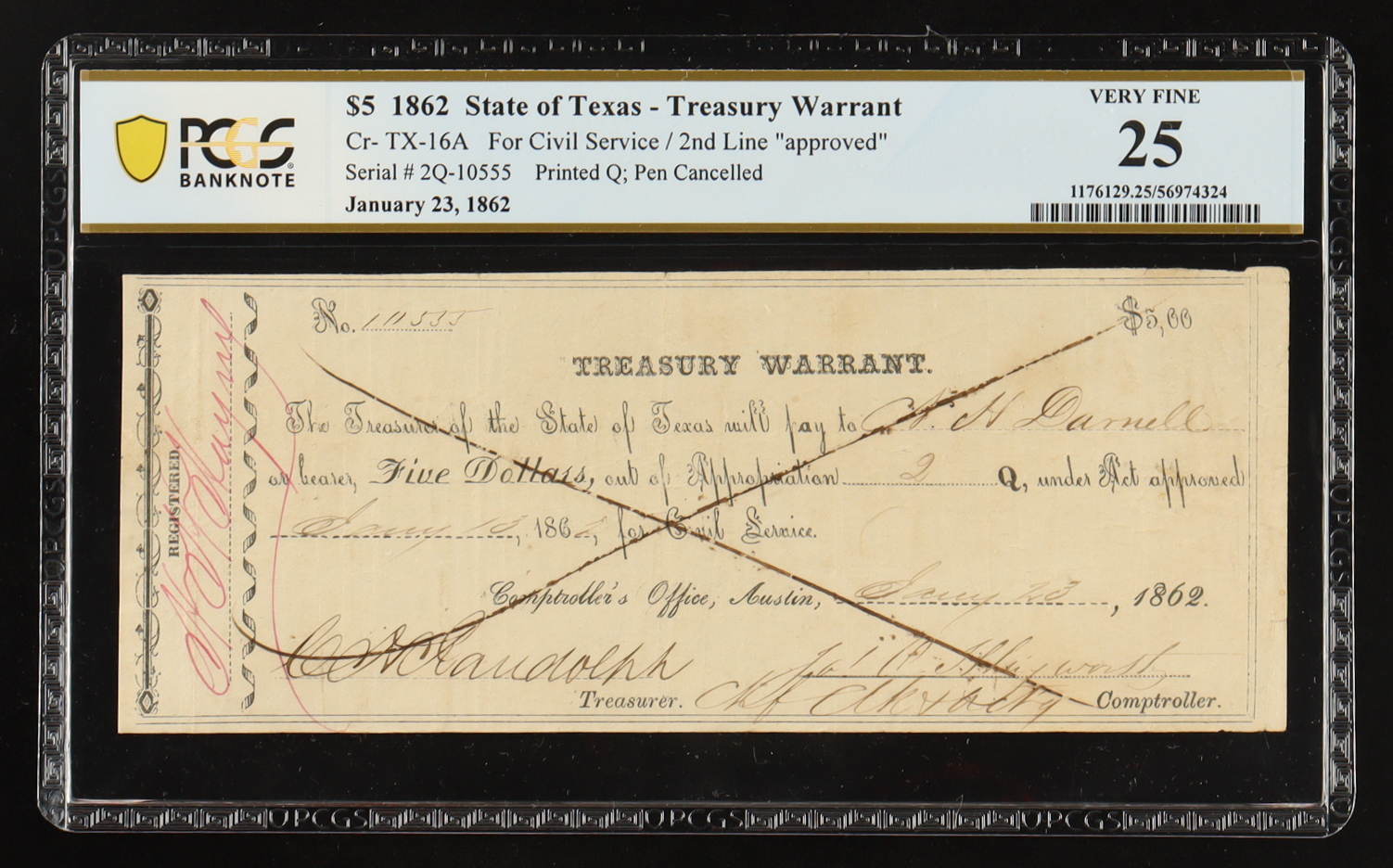 1862 Texas $5 Treasury Warrant, Civil Service - 2nd Line "approved" Printed Q, Cr-TX-16A (PCGS Very Fine 25) at PristineAuction.com 1862 Texas $5 Treasury Warrant, Civil Service - 2nd Line "approved" Printed Q, Cr-TX-16A (PCGS Very Fine 25) at PristineAuction.com