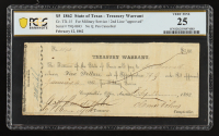 1862 Texas $5 Treasury Warrant, Military Service - 2nd Line "approved" No Q, Cr-TX-15 (PCGS Very Fine 25) at PristineAuction.com
