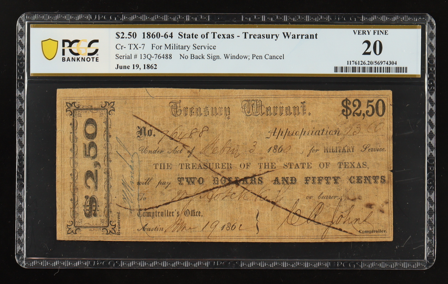 1860-64 Texas $2.50 Treasury Warrant, Military Service Cr-TX-7 (PCGS Very Fine 20) at PristineAuction.com 1860-64 Texas $2.50 Treasury Warrant, Military Service Cr-TX-7 (PCGS Very Fine 20) at PristineAuction.com