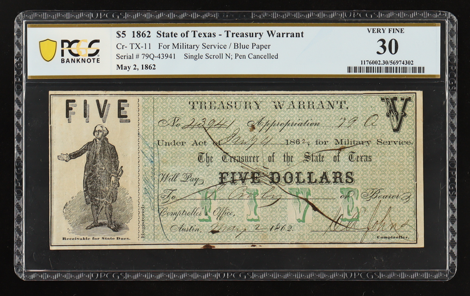 1862 Texas $5 Treasury Warrant, Military Service - Blue Paper, Cr-TX-11 (PCGS Very Fine 30) at PristineAuction.com 1862 Texas $5 Treasury Warrant, Military Service - Blue Paper, Cr-TX-11 (PCGS Very Fine 30) at PristineAuction.com