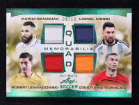 Karim Benzema / Robert Lewandowski / Lionel Messi / Cristiano Ronaldo 2022 Leaf Ultimate Soccer Quad Memorabilia Emerald #UQM5 #8/10 at PristineAuction.com