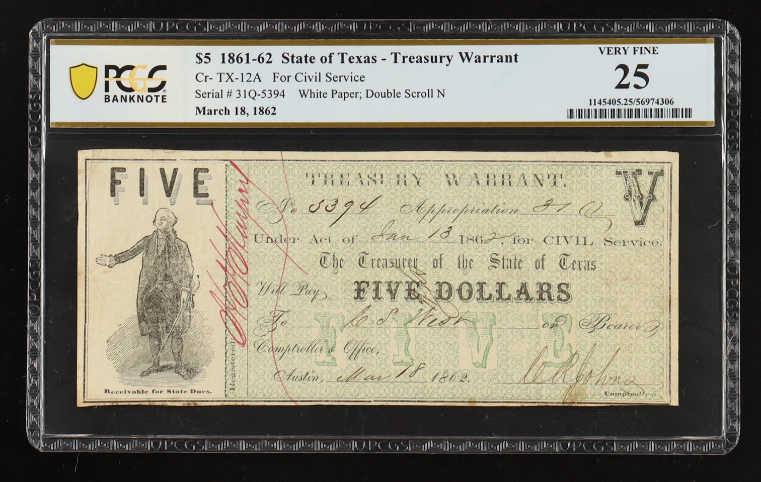 1861-62 Texas $5 Treasury Warrant - White Paper, Double Scroll N Cr-TX-12A (PCGS Very Fine 25) at PristineAuction.com 1861-62 Texas $5 Treasury Warrant - White Paper, Double Scroll N Cr-TX-12A (PCGS Very Fine 25) at PristineAuction.com