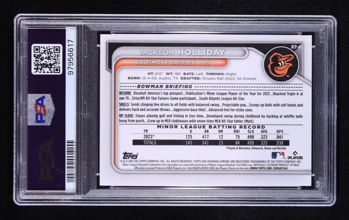 Jackson Holliday 2024 Bowman Chrome Prospects #BCP47 RC (PSA 10) at PristineAuction.com Jackson Holliday 2024 Bowman Chrome Prospects #BCP47 RC (PSA 10) at PristineAuction.com