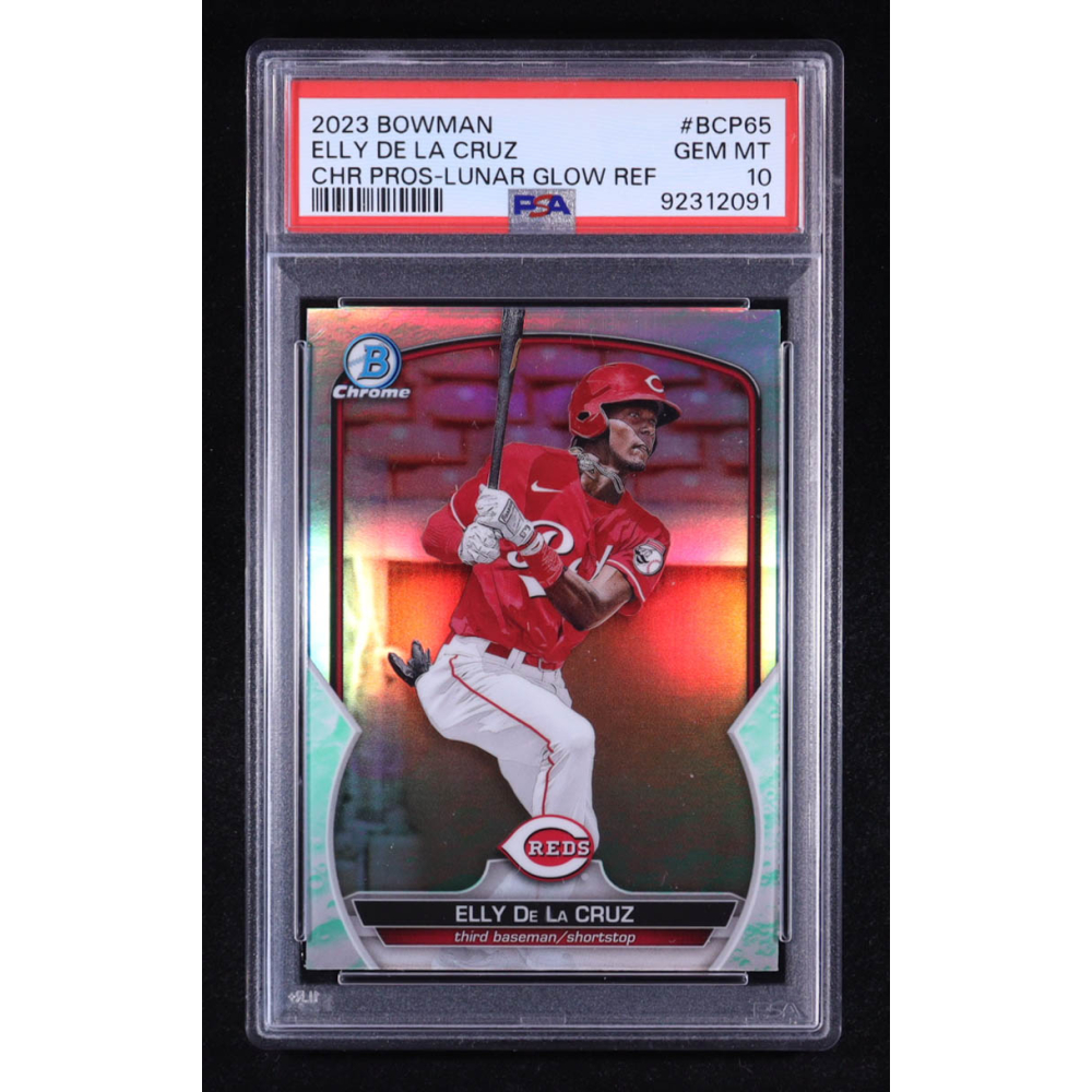 Elly De La Cruz 2023 Bowman Chrome Prospects Lunar Glow Refractors #BCP65 RC (PSA 10) at PristineAuction.com