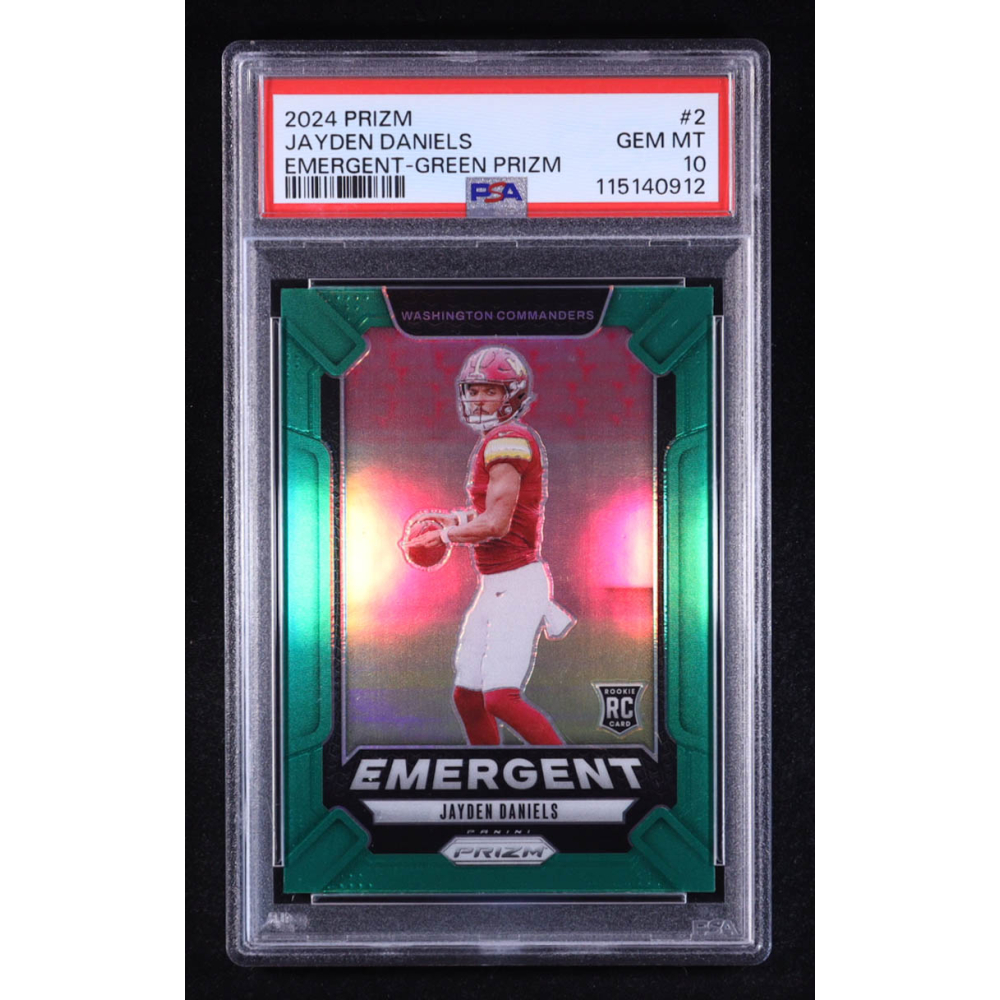 Jayden Daniels 2024 Panini Prizm Emergent Prizms Green #2 RC (PSA 10) at PristineAuction.com