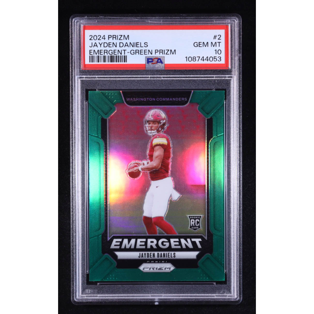 Jayden Daniels 2024 Panini Prizm Emergent Prizms Green #2 RC (PSA 10) at PristineAuction.com