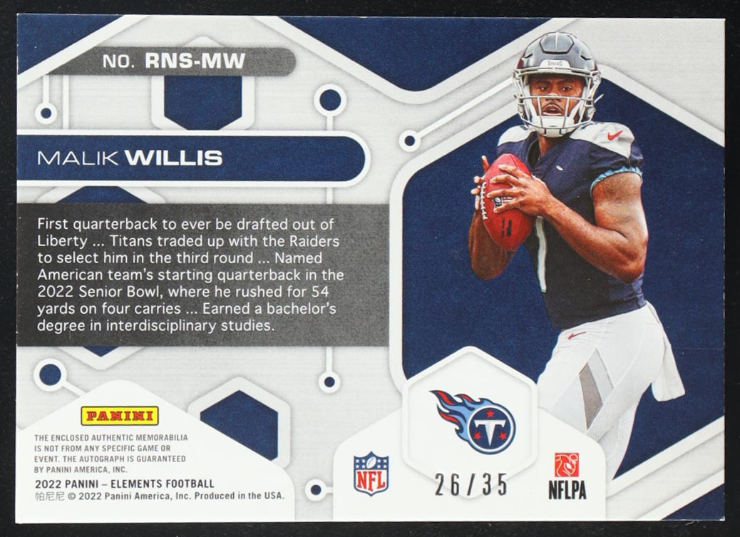 Malik Willis 2022 Panini Elements Rookie Neon Signs #RNS-MW RC #26/35 at PristineAuction.com Malik Willis 2022 Panini Elements Rookie Neon Signs #RNS-MW RC #26/35 at PristineAuction.com