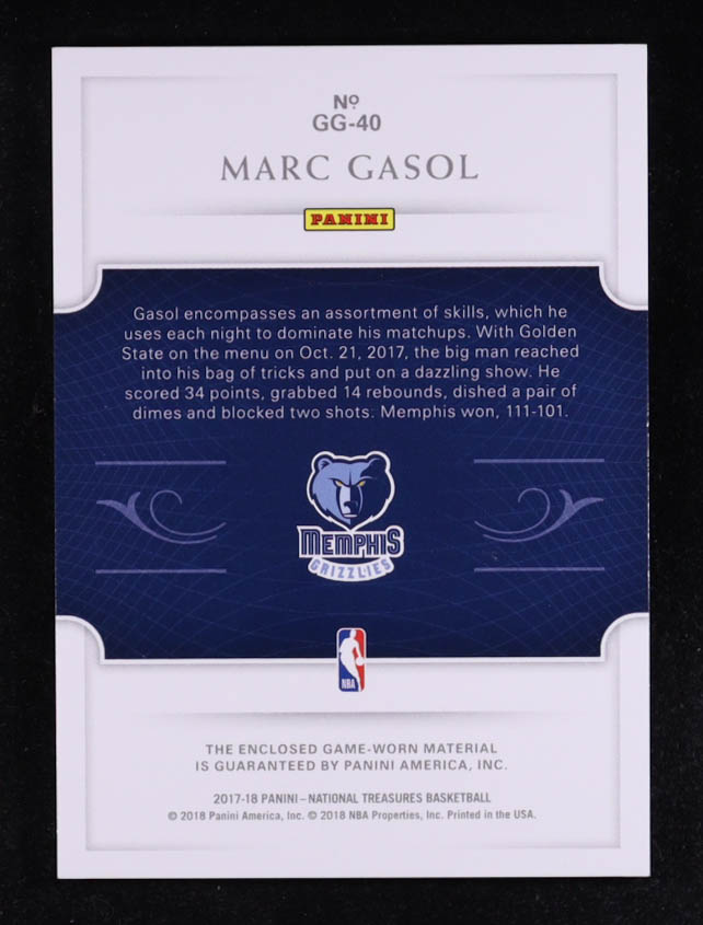 Marc Gasol 2017-18 Panini National Treasures Game Gear Relics #GG-40 #9/99 at PristineAuction.com Marc Gasol 2017-18 Panini National Treasures Game Gear Relics #GG-40 #9/99 at PristineAuction.com