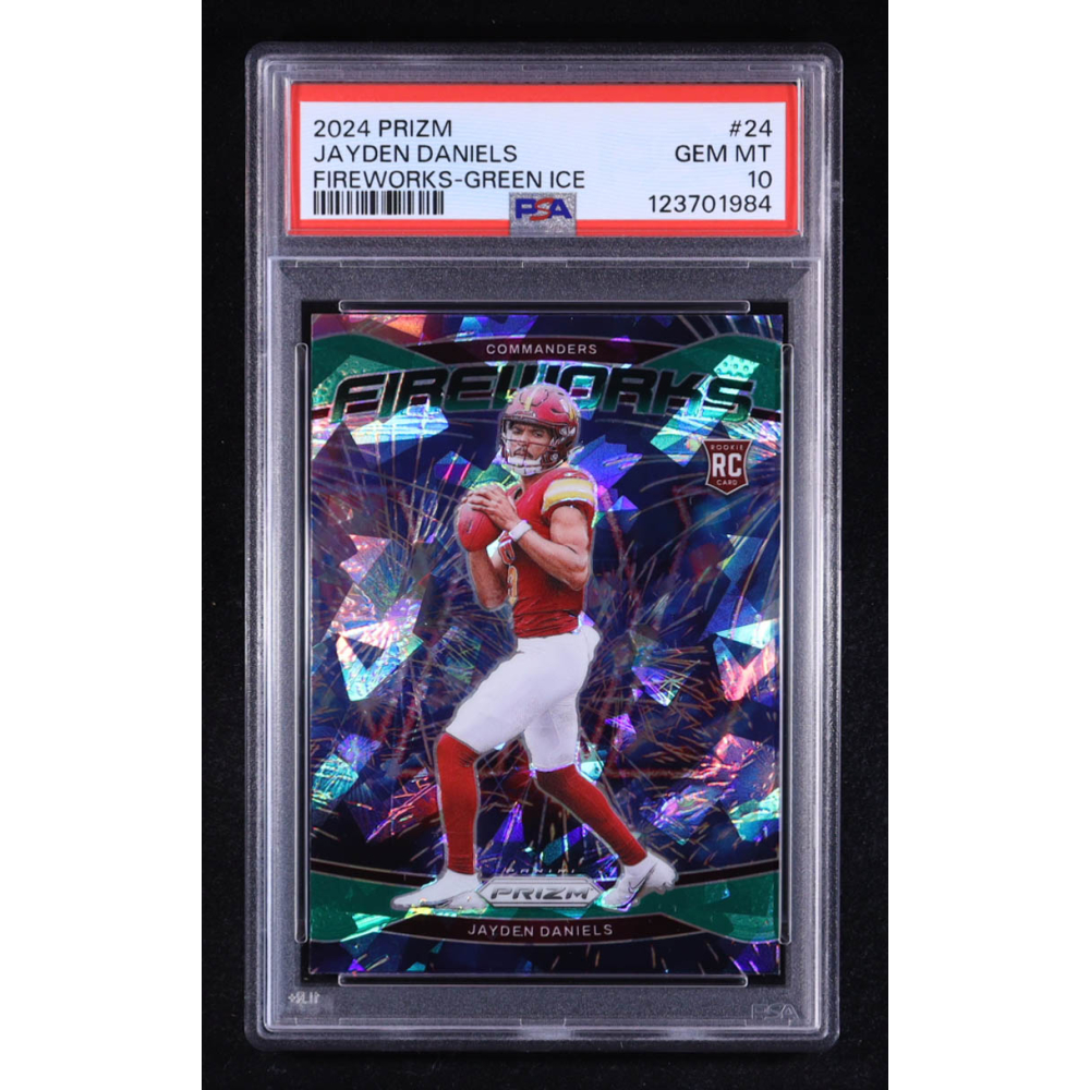 Jayden Daniels 2024 Panini Prizm Fireworks Prizms Green Ice #24 RC (PSA 10) at PristineAuction.com