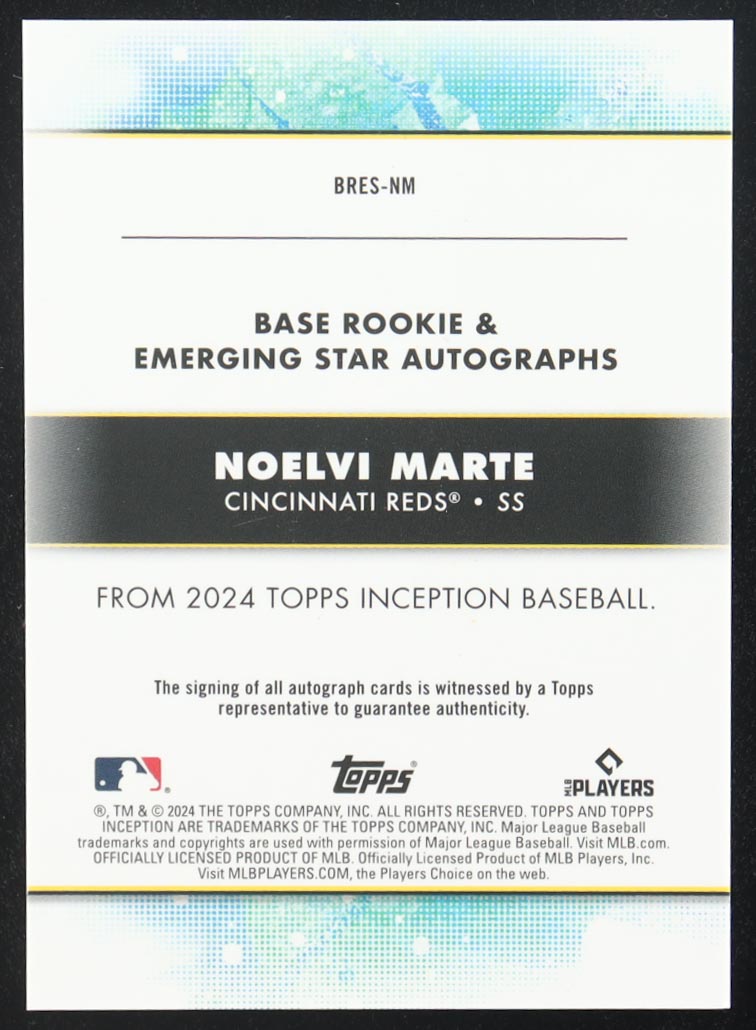 Noelvi Marte 2024 Topps Inception Base Rookie Emerging Star Autographs #BRES-NM RC #147/99 at PristineAuction.com Noelvi Marte 2024 Topps Inception Base Rookie Emerging Star Autographs #BRES-NM RC #147/99 at PristineAuction.com