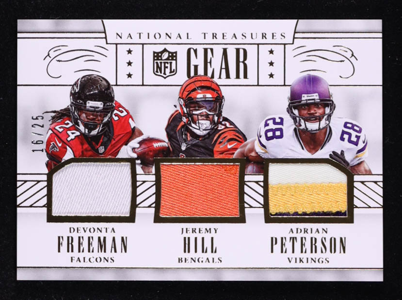 Adrian Peterson / Devonta Freeman / Jeremy Hill 2016 Panini National Treasures NFL Gear Triple Materials Prime #11 #16/25 at PristineAuction.com Adrian Peterson / Devonta Freeman / Jeremy Hill 2016 Panini National Treasures NFL Gear Triple Materials Prime #11 #16/25 at PristineAuction.com