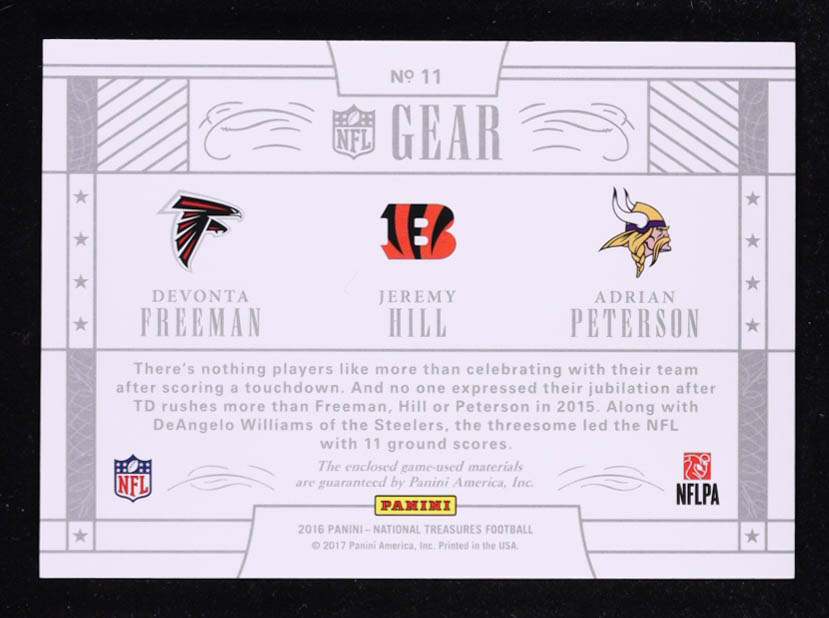 Adrian Peterson / Devonta Freeman / Jeremy Hill 2016 Panini National Treasures NFL Gear Triple Materials Prime #11 #16/25 at PristineAuction.com Adrian Peterson / Devonta Freeman / Jeremy Hill 2016 Panini National Treasures NFL Gear Triple Materials Prime #11 #16/25 at PristineAuction.com