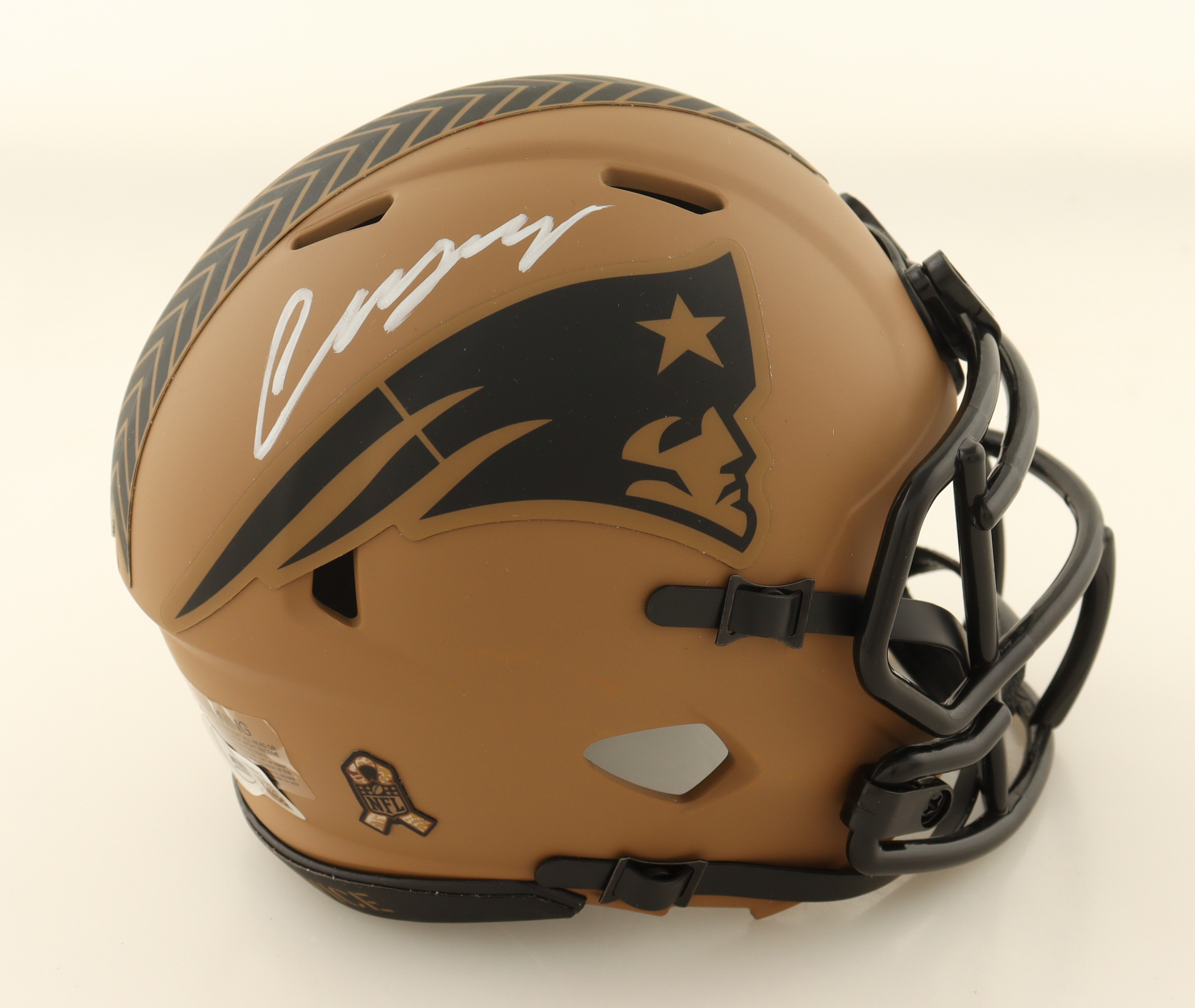 Christian Gonzalez Signed Patriots Salute To Service Alternate Speed Mini Helmet (Beckett) at PristineAuction.com Christian Gonzalez Signed Patriots Salute To Service Alternate Speed Mini Helmet (Beckett) at PristineAuction.com