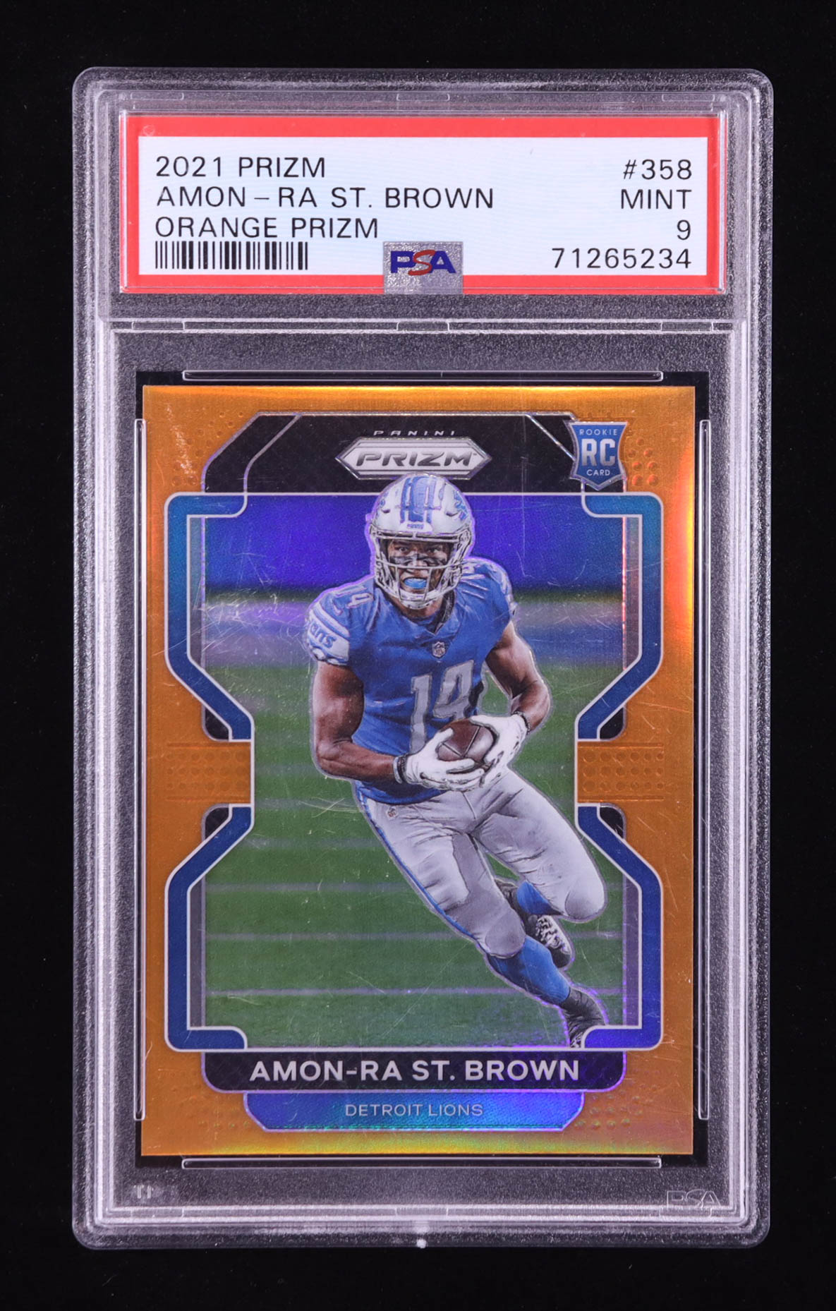Amon-Ra St. Brown 2021 Panini Prizm Prizms Orange #358 RC #196/249 (PSA 9) at PristineAuction.com Amon-Ra St. Brown 2021 Panini Prizm Prizms Orange #358 RC #196/249 (PSA 9) at PristineAuction.com