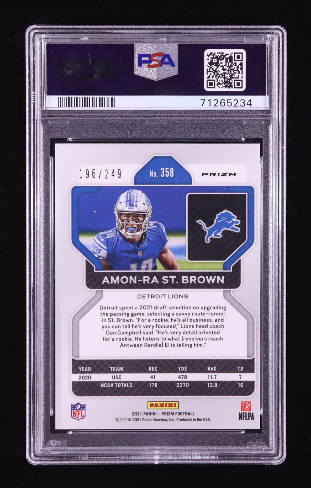 Amon-Ra St. Brown 2021 Panini Prizm Prizms Orange #358 RC #196/249 (PSA 9) at PristineAuction.com Amon-Ra St. Brown 2021 Panini Prizm Prizms Orange #358 RC #196/249 (PSA 9) at PristineAuction.com