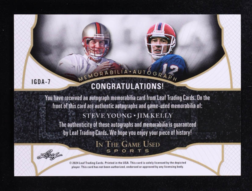 Steve Young / Jim Kelly 2024 Leaf In The Game Used Dual Autographs Bronze #IGDA7 #4/5 at PristineAuction.com Steve Young / Jim Kelly 2024 Leaf In The Game Used Dual Autographs Bronze #IGDA7 #4/5 at PristineAuction.com