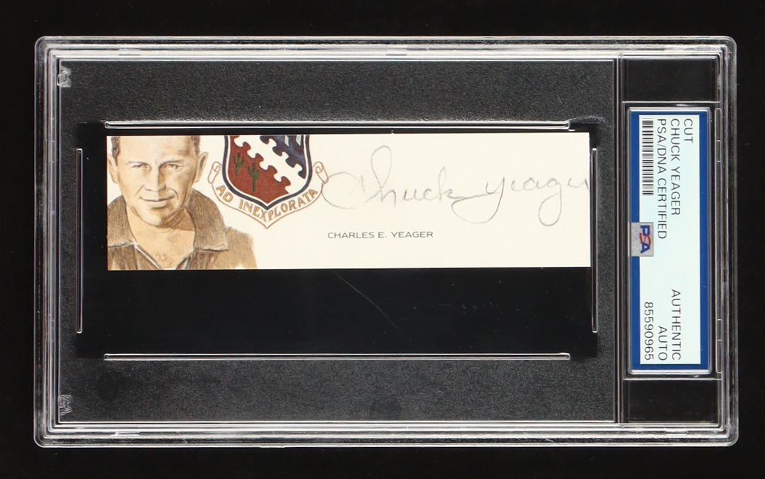 Chuck Yeager Signed Cut With Portrait Art (PSA) at PristineAuction.com Chuck Yeager Signed Cut With Portrait Art (PSA) at PristineAuction.com