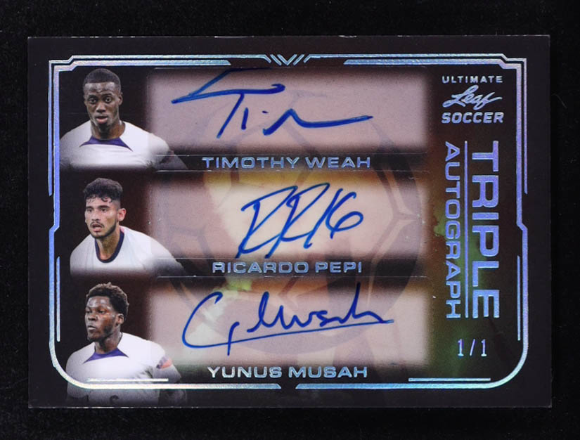 Timothy Weah / Ricardo Pepi / Yunus Musa 2022 Leaf Ultimate Soccer Triple Autographs Platinum Spectrum #TA10 #1/1 at PristineAuction.com Timothy Weah / Ricardo Pepi / Yunus Musa 2022 Leaf Ultimate Soccer Triple Autographs Platinum Spectrum #TA10 #1/1 at PristineAuction.com