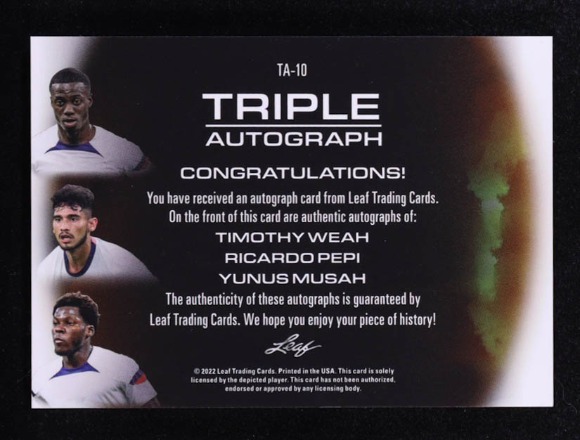 Timothy Weah / Ricardo Pepi / Yunus Musa 2022 Leaf Ultimate Soccer Triple Autographs Platinum Spectrum #TA10 #1/1 at PristineAuction.com Timothy Weah / Ricardo Pepi / Yunus Musa 2022 Leaf Ultimate Soccer Triple Autographs Platinum Spectrum #TA10 #1/1 at PristineAuction.com