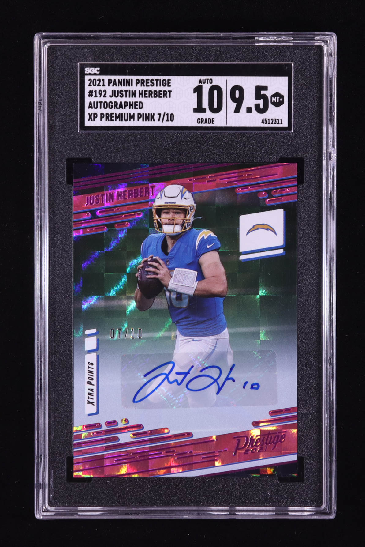 Justin Herbert 2021 Prestige Xtra Points Signatures Premium Pink #192 #07/10 (SGC 9.5 | Autograph Grade 10) at PristineAuction.com Justin Herbert 2021 Prestige Xtra Points Signatures Premium Pink #192 #07/10 (SGC 9.5 | Autograph Grade 10) at PristineAuction.com