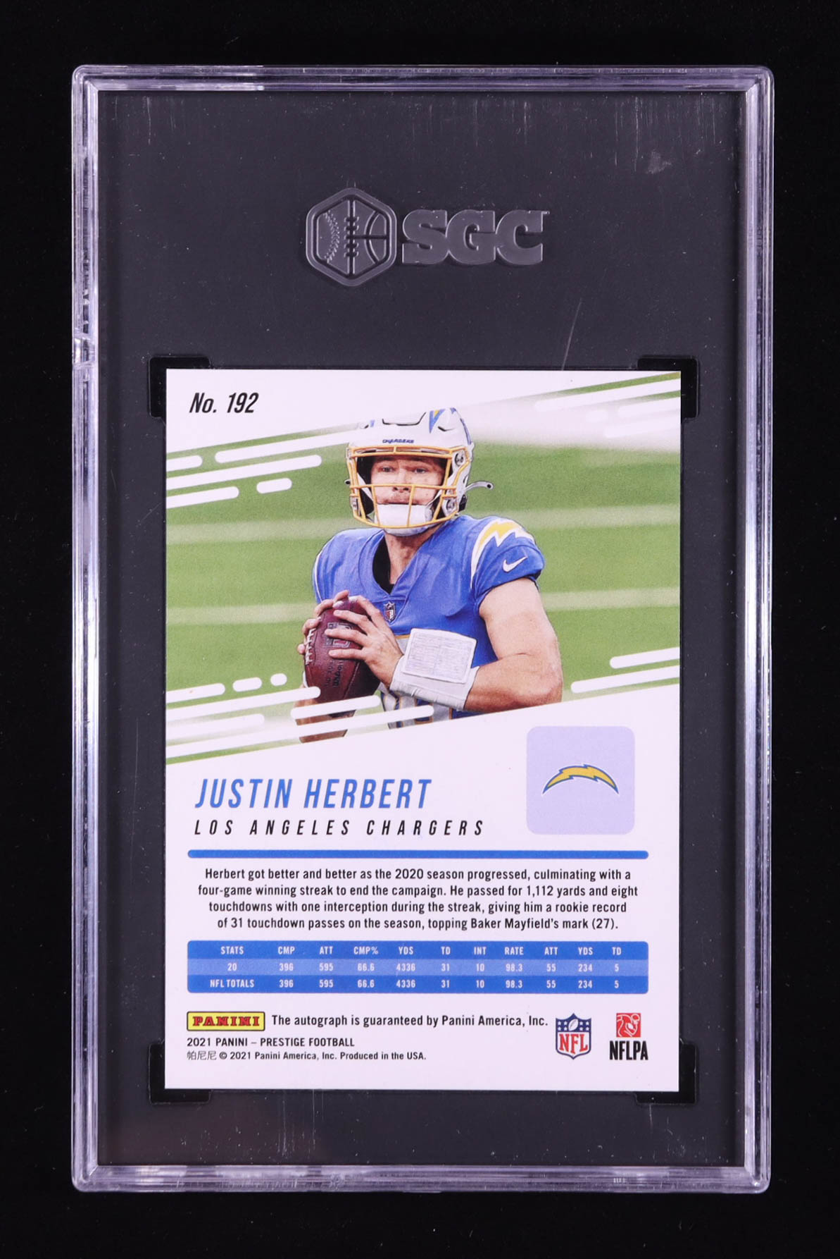 Justin Herbert 2021 Prestige Xtra Points Signatures Premium Pink #192 #07/10 (SGC 9.5 | Autograph Grade 10) at PristineAuction.com Justin Herbert 2021 Prestige Xtra Points Signatures Premium Pink #192 #07/10 (SGC 9.5 | Autograph Grade 10) at PristineAuction.com