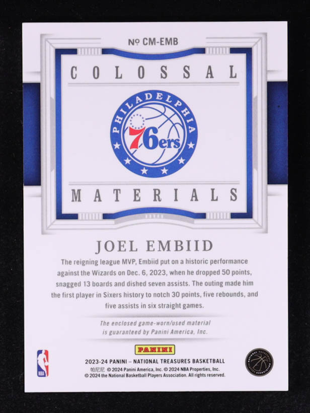 Joel Embiid 2023-24 Panini National Treasures Colossal Materials Prime #9 #01/25 at PristineAuction.com Joel Embiid 2023-24 Panini National Treasures Colossal Materials Prime #9 #01/25 at PristineAuction.com