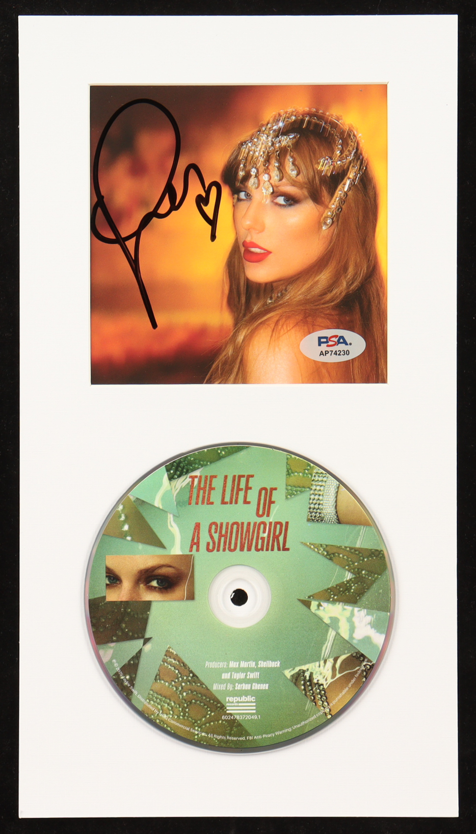 Taylor Swift Signed Custom Matted "The Life of a Showgirl" CD Album Display (PSA) at PristineAuction.com Taylor Swift Signed Custom Matted "The Life of a Showgirl" CD Album Display (PSA) at PristineAuction.com