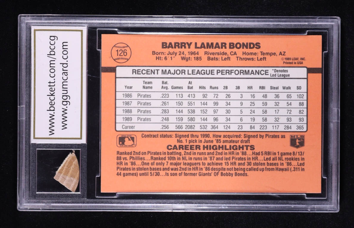 Barry Bonds 1990 Donruss #126 with Game-Used Bat Piece (BCCG 9) at PristineAuction.com Barry Bonds 1990 Donruss #126 with Game-Used Bat Piece (BCCG 9) at PristineAuction.com