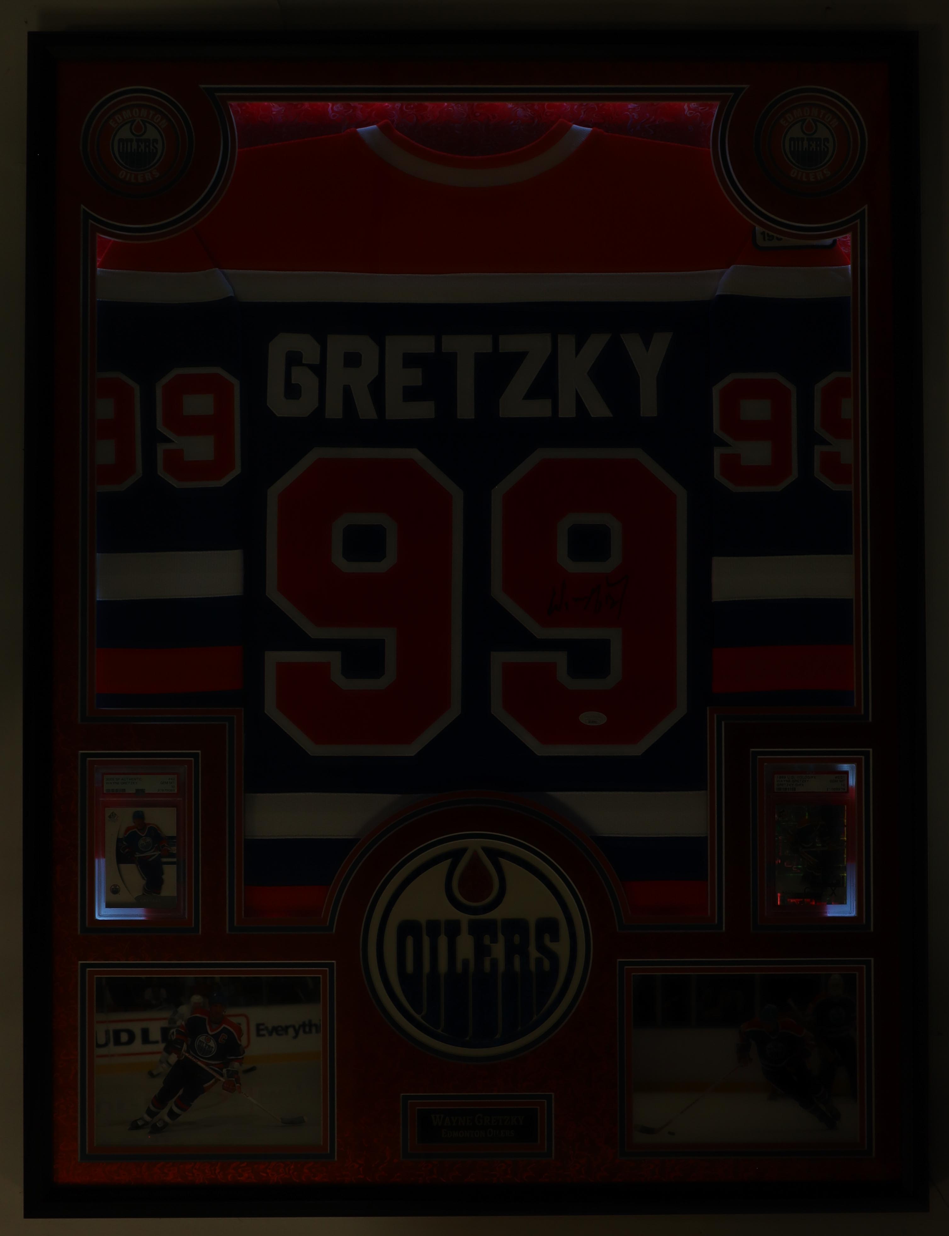 Wayne Gretzky Signed Oilers Custom Framed Jersey with LED Display & (2) PSA 10 Graded Cards (JSA) at PristineAuction.com Wayne Gretzky Signed Oilers Custom Framed Jersey with LED Display & (2) PSA 10 Graded Cards (JSA) at PristineAuction.com