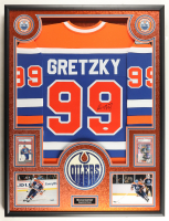 Wayne Gretzky Signed Oilers Custom Framed Jersey with LED Display & (2) PSA 10 Graded Cards (JSA) at PristineAuction.com