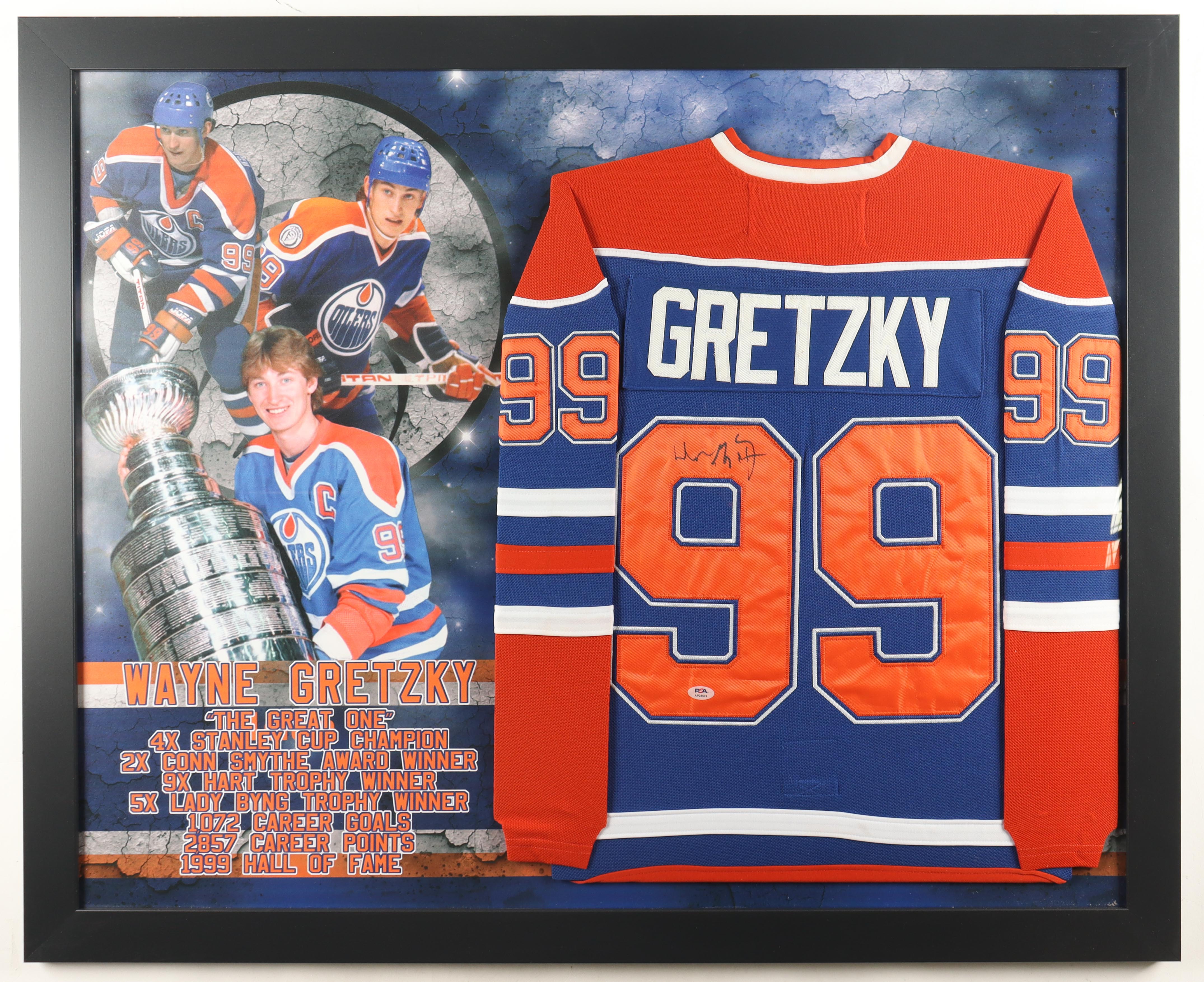 Wayne Gretzky Signed Oilers Custom Framed Jersey (PSA) at PristineAuction.com Wayne Gretzky Signed Oilers Custom Framed Jersey (PSA) at PristineAuction.com