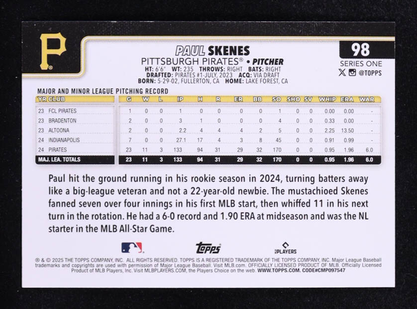 Paul Skenes 2025 Topps Silver Crackle Foil #98 at PristineAuction.com Paul Skenes 2025 Topps Silver Crackle Foil #98 at PristineAuction.com