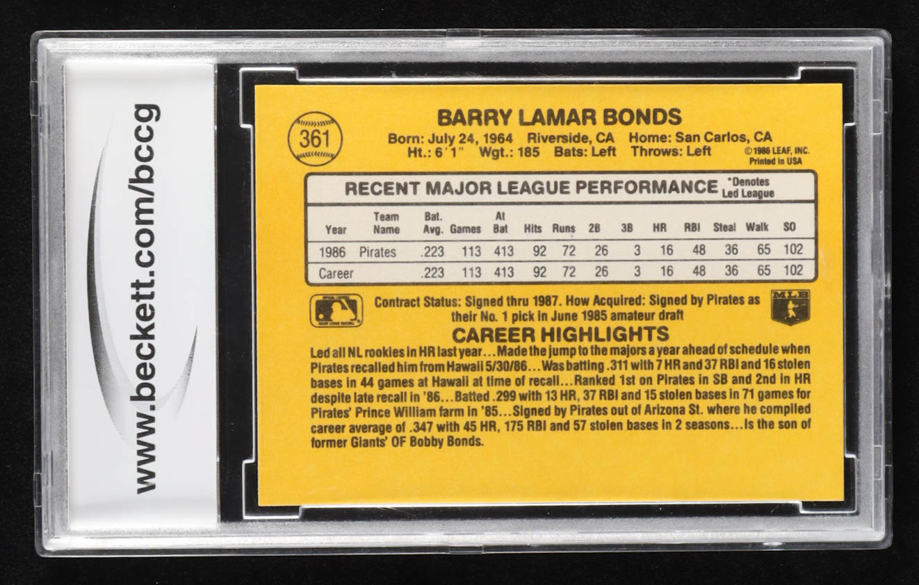 Barry Bonds 1987 Donruss #361 RC (BCCG 10) at PristineAuction.com Barry Bonds 1987 Donruss #361 RC (BCCG 10) at PristineAuction.com