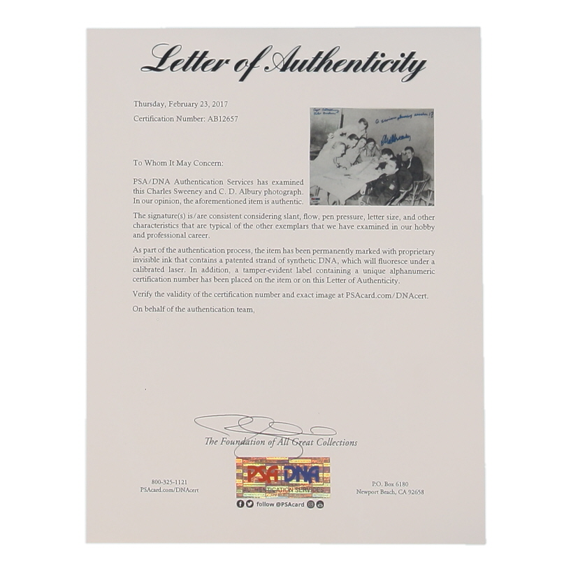 Charles Sweeney & CD Albury Signed 8x10 Photo (PSA) WWII Bockscar Pilot & Co-Pilot at PristineAuction.com Charles Sweeney & CD Albury Signed 8x10 Photo (PSA) WWII Bockscar Pilot & Co-Pilot at PristineAuction.com