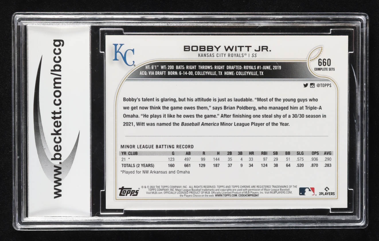 Bobby Witt Jr. 2022 Topps Base Set Photo Variations Factory #660 RC (BCCG 10) at PristineAuction.com Bobby Witt Jr. 2022 Topps Base Set Photo Variations Factory #660 RC (BCCG 10) at PristineAuction.com