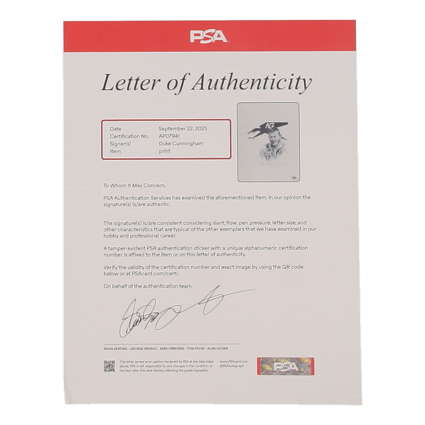 Duke Cunningham Signed 8x10 Print (PSA) F-4 Phantom II Vietnam Ace (d) 2025 at PristineAuction.com Duke Cunningham Signed 8x10 Print (PSA) F-4 Phantom II Vietnam Ace (d) 2025 at PristineAuction.com