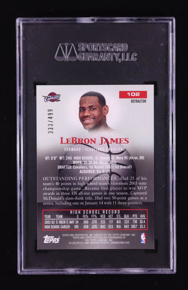 LeBron James 2003-04 Topps Pristine Refractors U #102 RC #333/499 (SGC 8.5) at PristineAuction.com LeBron James 2003-04 Topps Pristine Refractors U #102 RC #333/499 (SGC 8.5) at PristineAuction.com