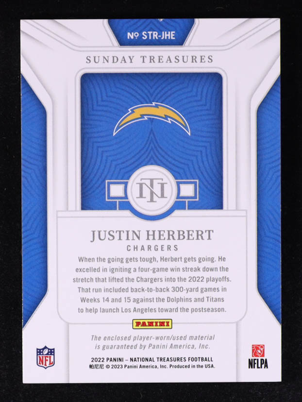 Justin Herbert 2022 Panini National Treasures Sunday Treasures Materials Prime Holo Silver #18 #22/25 at PristineAuction.com Justin Herbert 2022 Panini National Treasures Sunday Treasures Materials Prime Holo Silver #18 #22/25 at PristineAuction.com