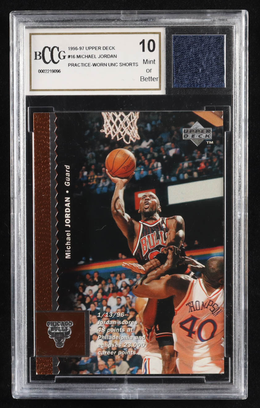 Michael Jordan 1996-97 Upper Deck #16 with Practice-Worn Shorts Piece (BCCG 10) at PristineAuction.com Michael Jordan 1996-97 Upper Deck #16 with Practice-Worn Shorts Piece (BCCG 10) at PristineAuction.com