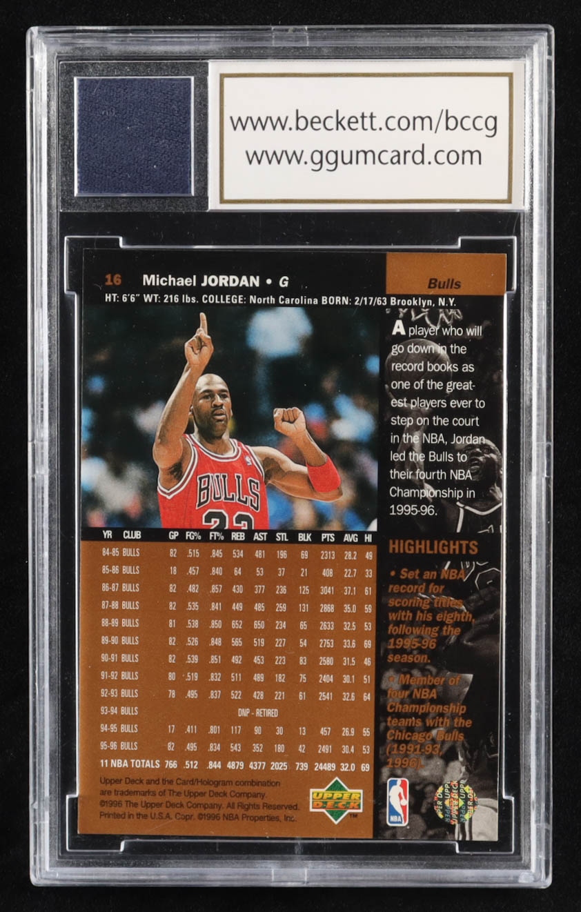 Michael Jordan 1996-97 Upper Deck #16 with Practice-Worn Shorts Piece (BCCG 10) at PristineAuction.com Michael Jordan 1996-97 Upper Deck #16 with Practice-Worn Shorts Piece (BCCG 10) at PristineAuction.com