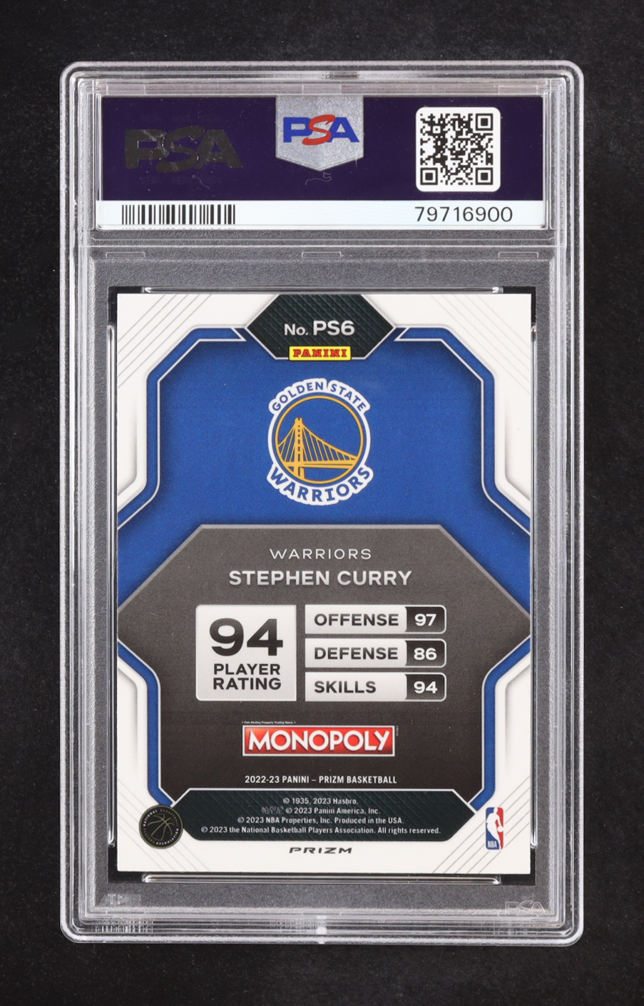 Stephen Curry 2022-23 Panini Prizm Monopoly All-Stars Monopoly Black #PS6 (PSA 10) at PristineAuction.com Stephen Curry 2022-23 Panini Prizm Monopoly All-Stars Monopoly Black #PS6 (PSA 10) at PristineAuction.com