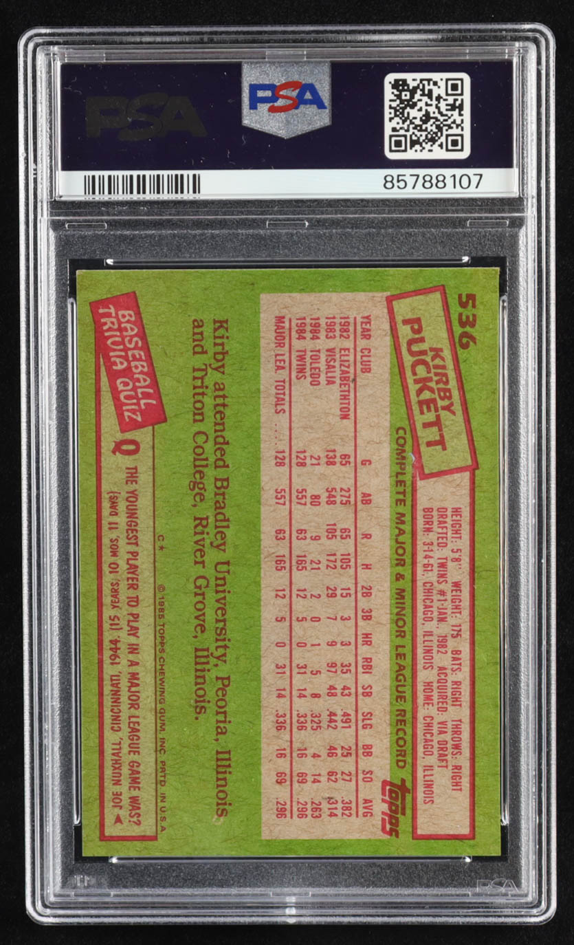 Kirby Puckett 1985 Topps #536 RC (PSA 8) at PristineAuction.com Kirby Puckett 1985 Topps #536 RC (PSA 8) at PristineAuction.com