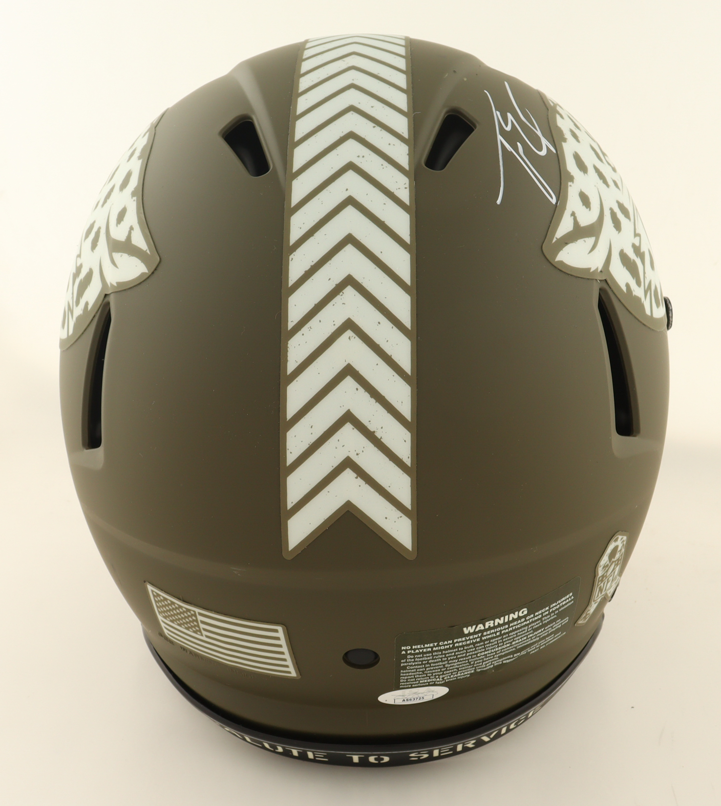 Travis Etienne Jr. Signed Jaguars Full-Size Authentic On-Field Salute To Service Alternate Speed Helmet (JSA) at PristineAuction.com Travis Etienne Jr. Signed Jaguars Full-Size Authentic On-Field Salute To Service Alternate Speed Helmet (JSA) at PristineAuction.com