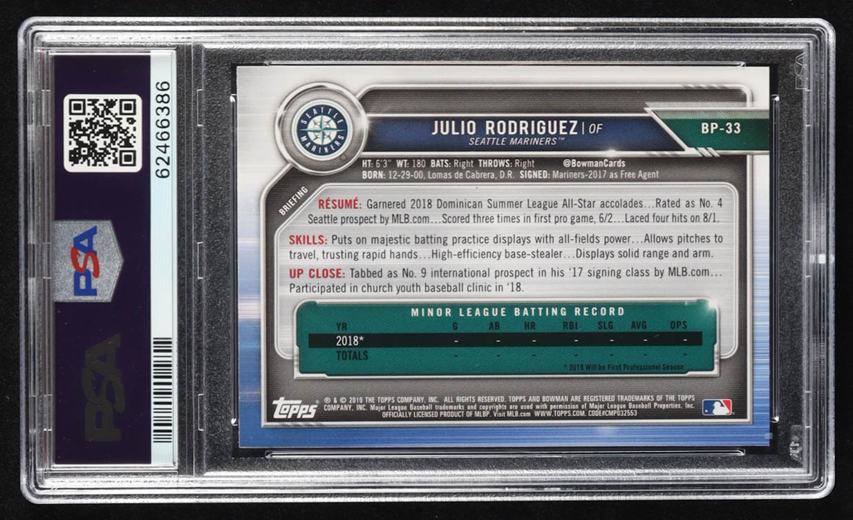 Julio Rodriguez 2019 Bowman Prospects #BP33 RC (PSA 10) at PristineAuction.com Julio Rodriguez 2019 Bowman Prospects #BP33 RC (PSA 10) at PristineAuction.com